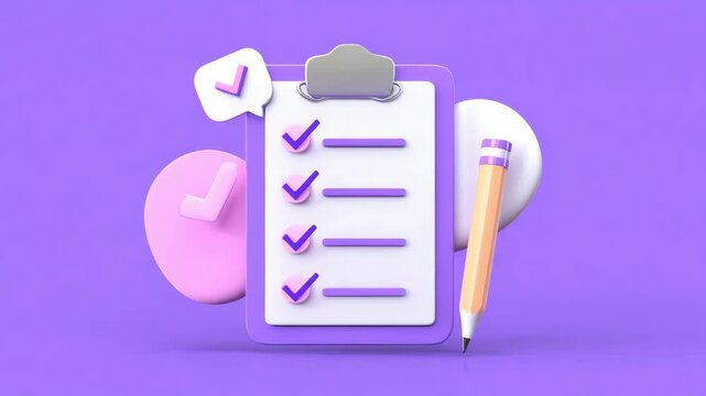 Checklist clipboard with pencil, task management and to-do list concept, 3D render animation