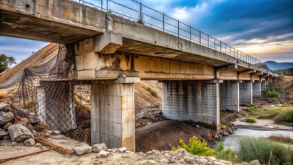 Fototapeta premium Elevated Concrete Structure Over a Dry Creek Bed, Showing Signs of Age and Weathering