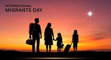 Fototapeta premium family of migrants silhouettes against sunset