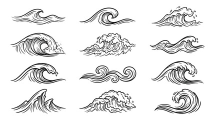 Dynamic collection of hand-drawn ocean waves in a classic sketch art style © matahari