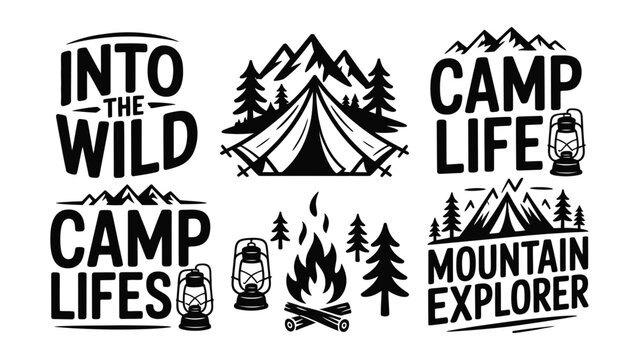 Camping and outdoor adventure graphics with mountains trees tents and campfires on white background