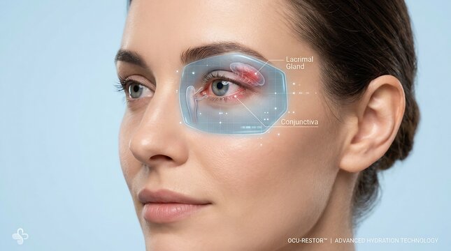 Close-up of a woman's face with a digital anatomical overlay showing the lacrimal gland and conjunctiva