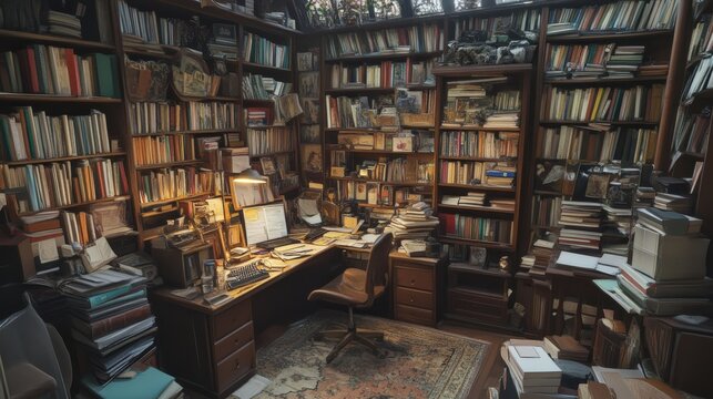 Cluttered home office space is filled with overflowing bookshelves and stacks of papers.