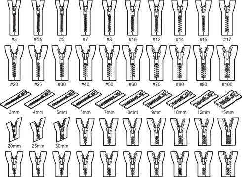 A collection of zipper diagrams, showcasing various sizes and types, presented in a clear, technical illustration for fashion and manufacturing reference.
