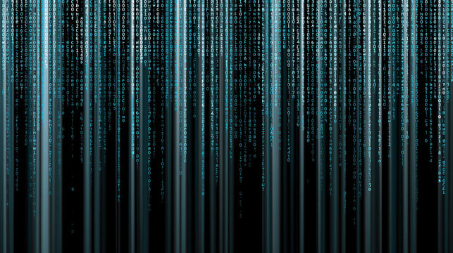 Binary code digital background data stream matrix effect abstract pattern cyber space virtual screen blue glow falling number accelerated intelligence pulses across binary code digital background