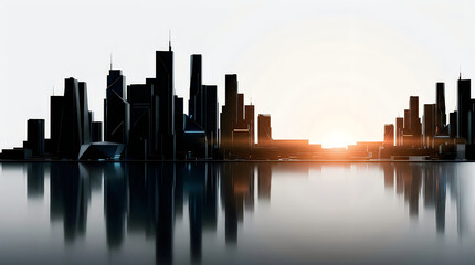 Obraz premium Futuristic city skyline silhouette reflecting on calm water at sunset
