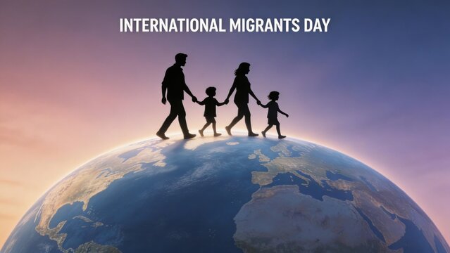 International Migrants Day family on globe silhouette