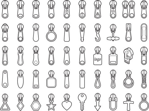 A collection of line art illustrations depicts various zipper pulls in different shapes and styles, showcasing diverse design elements.