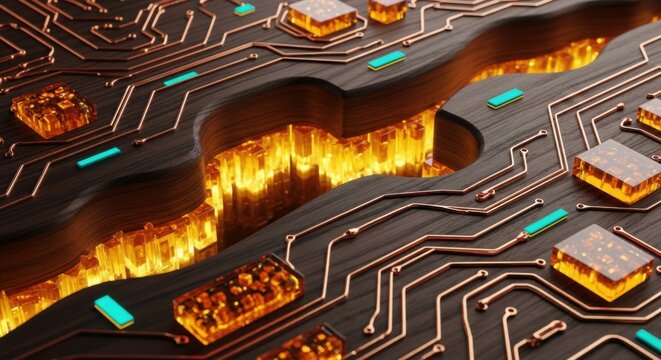 Overheating circuit board, burning motherboard, electronic components on fire, tech failure