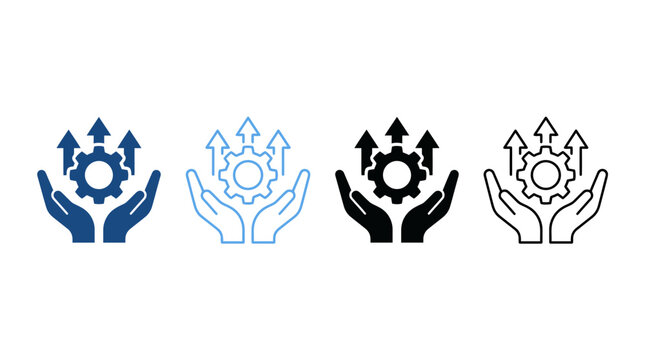 Abstract icons of hand holding gear with upward arrows, symbolizing success