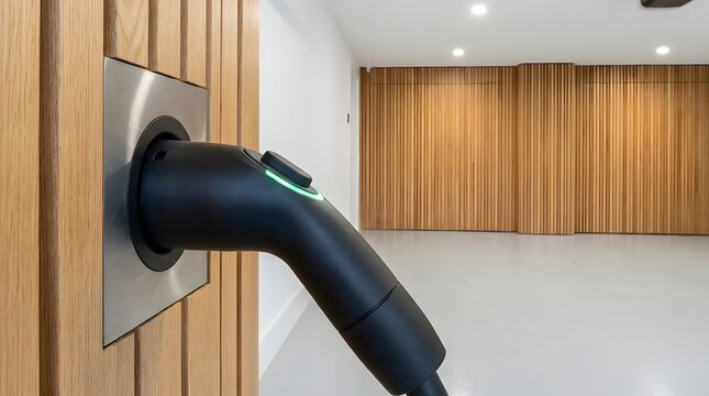 A sleek electric vehicle charging station in a modern room with wooden accents and a minimalist aesthetic.