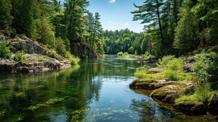 Obraz premium Golden light on a meandering river amid green trees under a blue sky