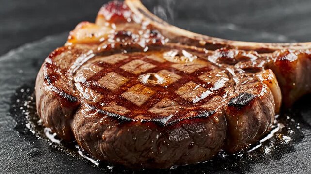 Juicy grilled tomahawk steak on dark surface.