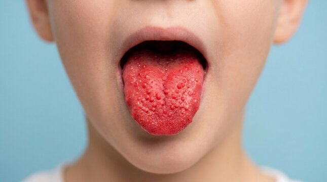 Close-up of a child's mouth with extended tongue showing red bumps and inflammation on a blue background