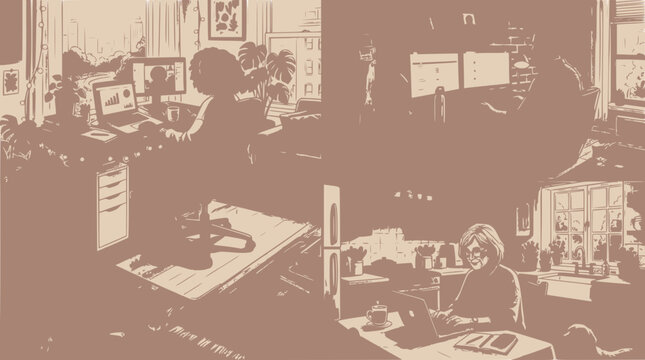 Diverse remote workers at home office desks, multitasking and working on laptops and computers.
