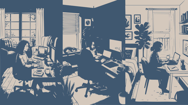 People working from home, remote work, studying, freelance, home office, illustration