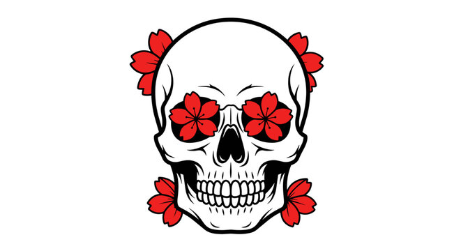 Skull with red flowers in eye sockets and surrounding it.