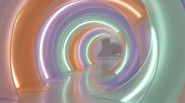 Futuristic 3D render of curved tunnel corridor with pastel circular rings and glowing neon LED light lines, abstract modern interior architecture design