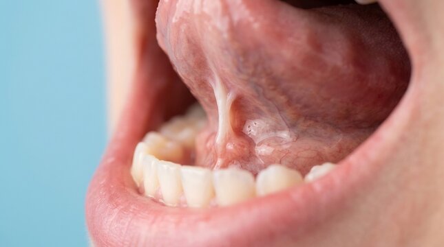 Close-up of a human mouth showing the tongue and lingual frenulum for medical and dental anatomy education