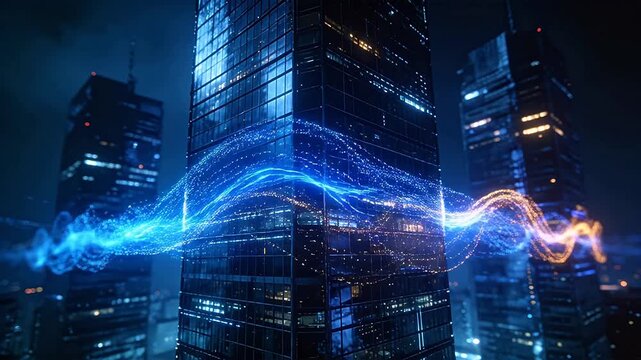 Modern city skyline with skyscrapers and blue orange data light trails at night