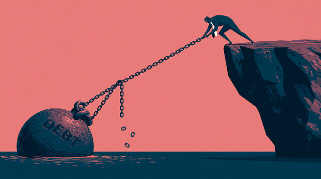 Conceptual illustration of a businessman struggling to pull a heavy iron wrecking ball labeled DEBT up from a dark sea using a metal chain that is beginning to snap while standing on a high cliff e...