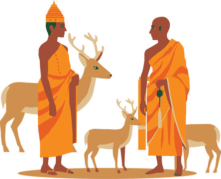 Buddhist monk Arahat Mahinda meeting King Devanampiyatissa at Mihintale with deer vector illustration.