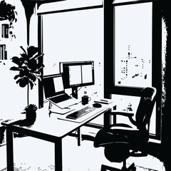 Fototapeta premium Modern Home Office Workspace with Dual Monitors and City View