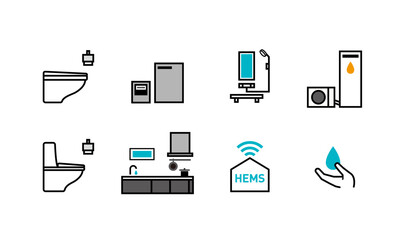 スマートハウスやGX志向型住宅、ZEHや省エネ住宅の設備と水回りのアイコンセット © pomme