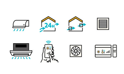 GX志向型住宅や高気密高断熱住宅、ZEHの24時間換気システムと空調設備のアイコンセット © pomme