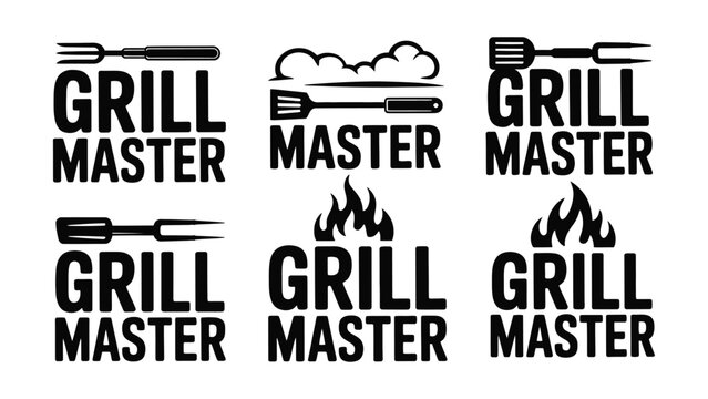 Grill master logo designs with utensils and flames on transparent background