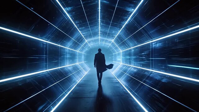 Person in coat standing inside blue glowing polygonal light tunnel with deep perspective