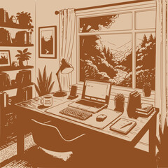 Fototapeta premium Cozy Home Office with Laptop and Nature View Window