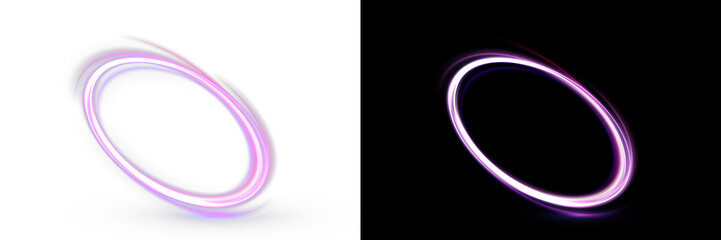 Glowing neon vortex ring with energy flow and plasma light. Abstract futuristic portal with spiral motion. Vector light effect in PNG format. © Alesya