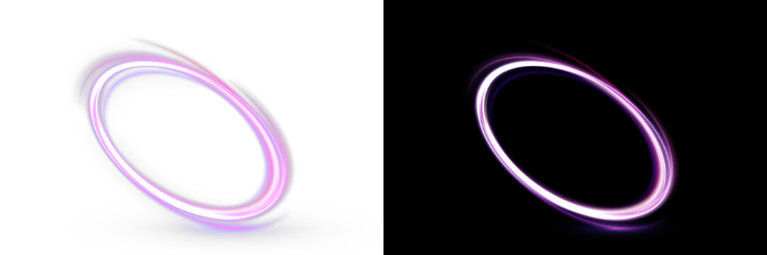Glowing neon vortex ring with energy flow and plasma light. Abstract futuristic portal with spiral motion. Vector light effect in PNG format.