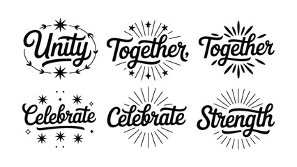 Inspirational motivational quotes and phrases with artistic typography and decorative elements  unity together celebrate strength © Md