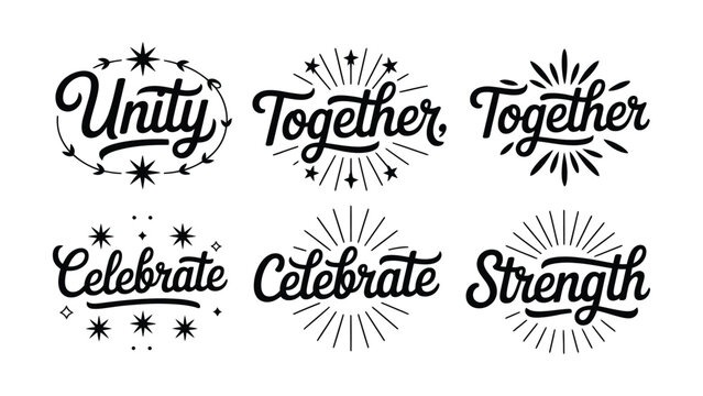 Inspirational motivational quotes and phrases with artistic typography and decorative elements  unity together celebrate strength