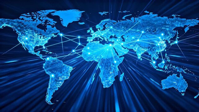 Digital world map with blue glowing points and network connection lines on dark background