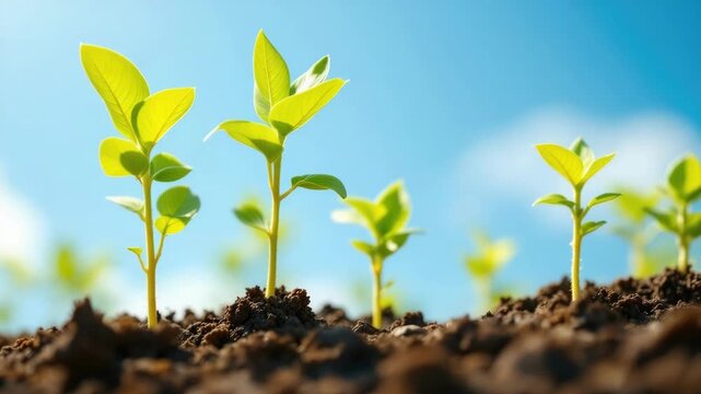 Young green seedlings sprouting in fertile soil under clear blue sky