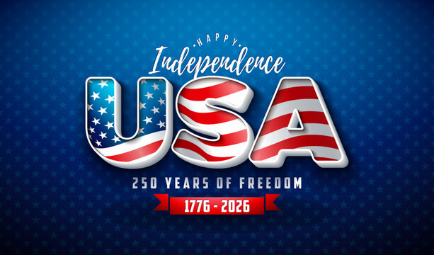 Fourth of July Independence Day of the USA Banner Illustration with American Flag in 3d Typography Lettering on Blue Background. Vector 1776 4th of July National Celebration Design for Flyer, Greeting