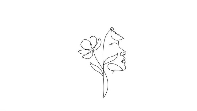 Flowers and woman face continuous line art animation.