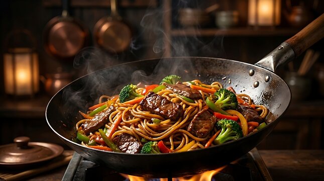 Hot noodle and beef stir-fry with colorful vegetables sizzling in a traditional wok over an open flame.