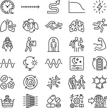 Holistic Longevity & Healthspan Optimization Line Icons Set &ndash; 30 Minimal Black Outline Vector Icons for Healthy Aging, Biohacking & Preventive Wellness