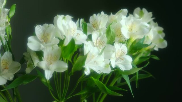 Elegant white alstroemeria flowers, also known as peruvian lilies, blooming gracefully against a dark, dramatic background, showcasing the beautiful life cycle of the blossoming bouquet