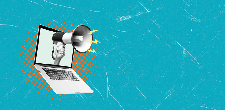 Art collage, laptop, and megaphone on blue background with copy space.