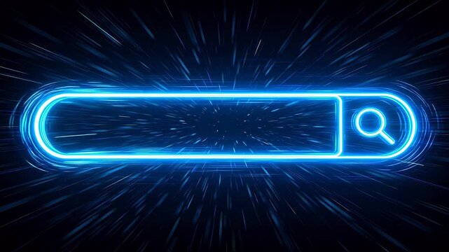 Neon search bar interface with magnifying glass icon on dark background