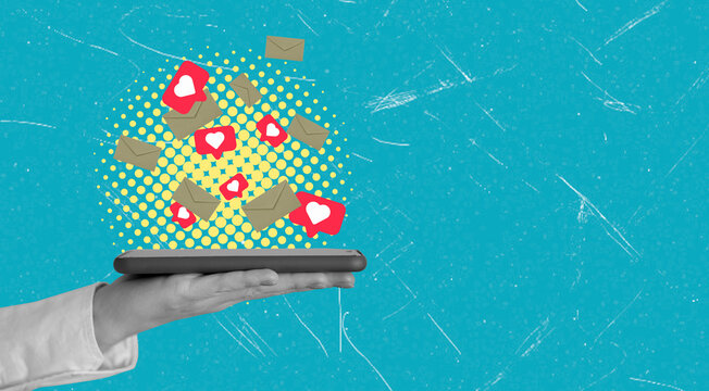 An art collage featuring a hand holding a phone and hearts with letters on a blue background, with a sense of depth.
