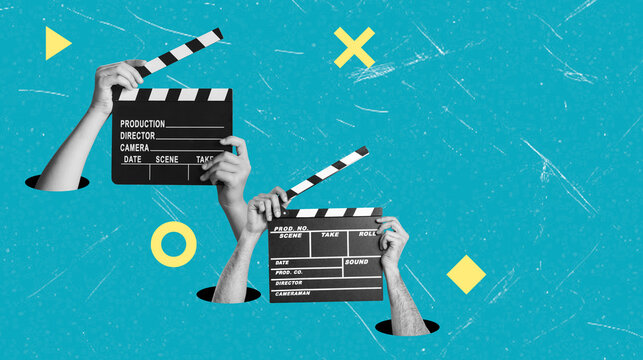Modern art collage showing hands holding a clapper on a blue background with copy space.
