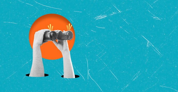 Contemporary artistic collage depicting hands holding binoculars against a blue background with space for text.