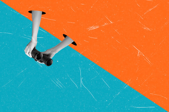 Contemporary artistic collage depicting hands holding binoculars against a blue background with space for text.