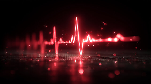 Glowing red heartbeat waveform on dark background with abstract pulse light effect and medical technology concept